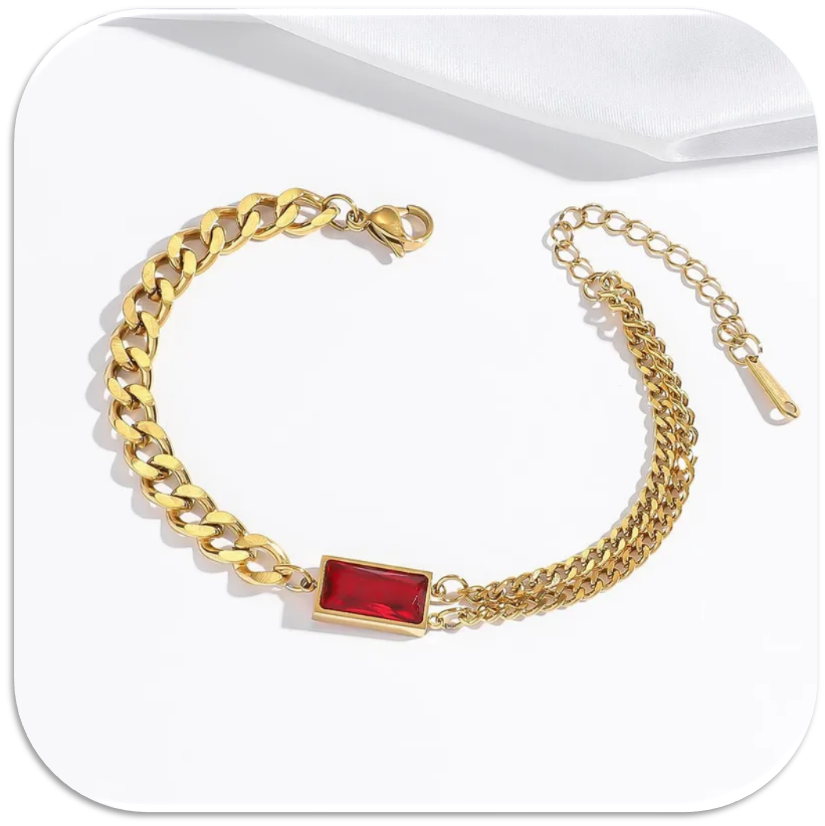 Women's Gold Mixed-Chain Bracelet with a Bold Red Rectangular Stone. (LFA1211014)