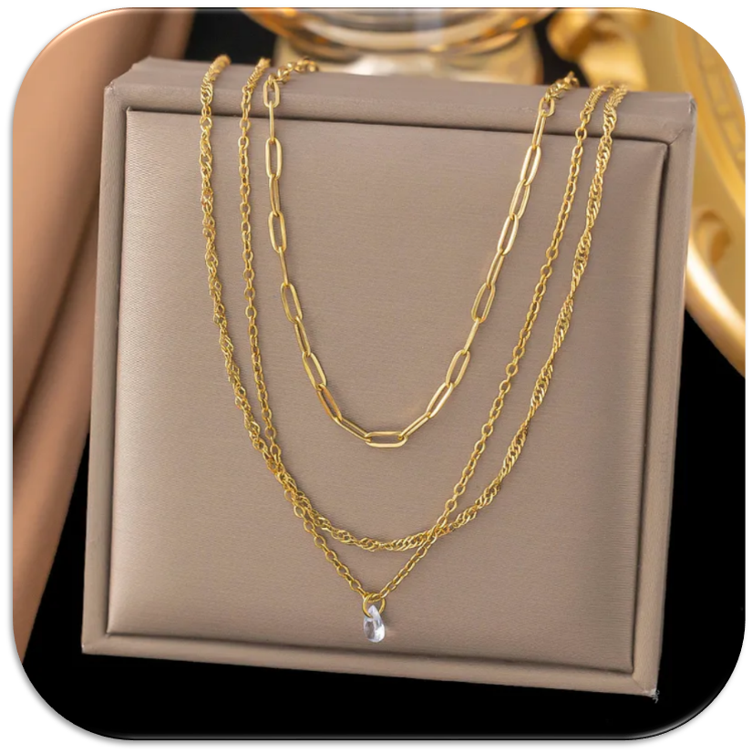 Women's Necklace with Three-Layer Gold Chain and Pendant Drill (LFA1111007)