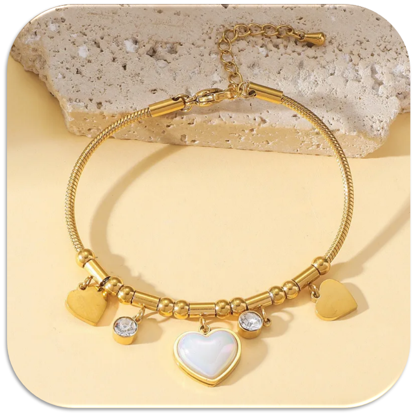 Women's Gold Snake Chain Bracelet with Heart Charms & Cubic Zirconia Accents. Adjustable. (LFA1211013)