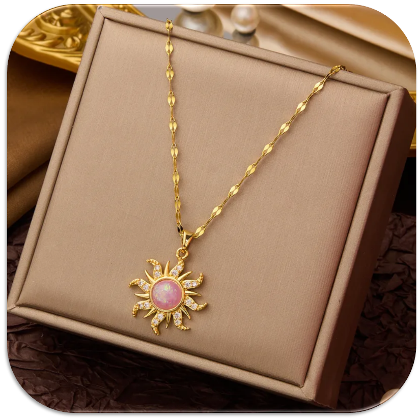 Women's Necklace with a Gold Sun Pendant featuring an Inlaid Pink Riverstone (LFA1111013)