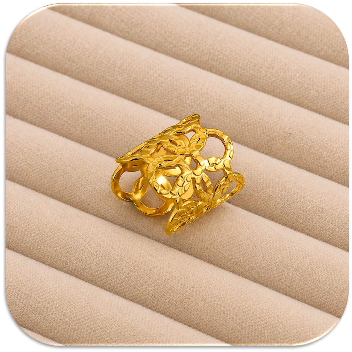 Women's Stainless Steel, 18K Gold Plated Open Ring with Intricate Hollow Floral Pattern, Adjustable & Lightweight. (LFA1311016)