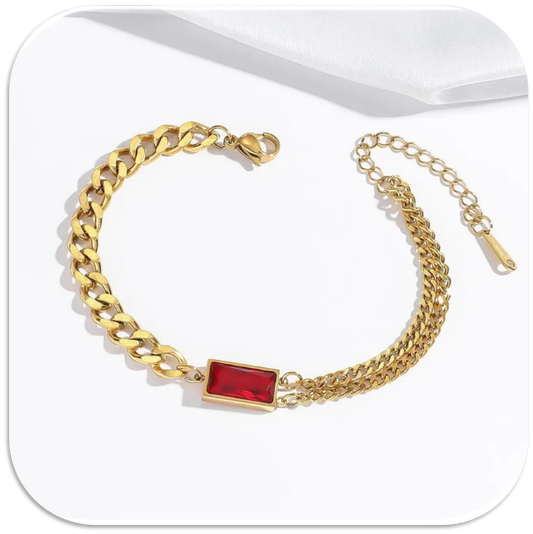 Women's Gold Mixed-Chain Bracelet with a Bold Red Rectangular Stone. (LFA1211014)