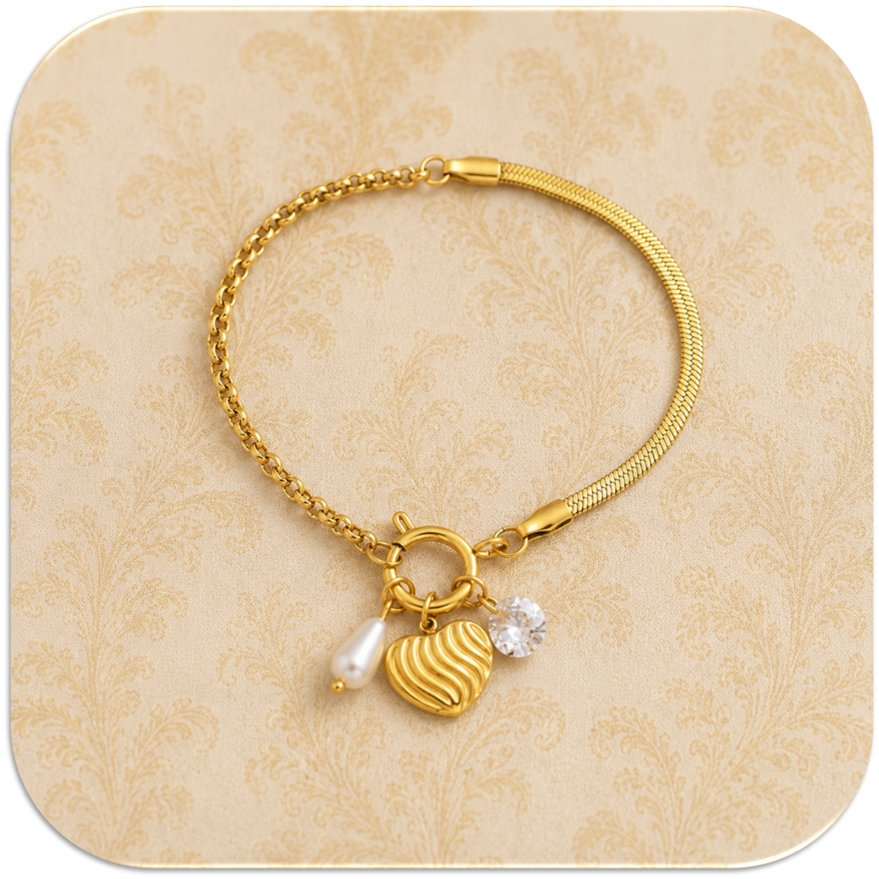 Women's Gold-Plated Bracelet with Mixed Chain Design, featuring Heart, Pearl, and Zirconia Charms. (LFA1211011)