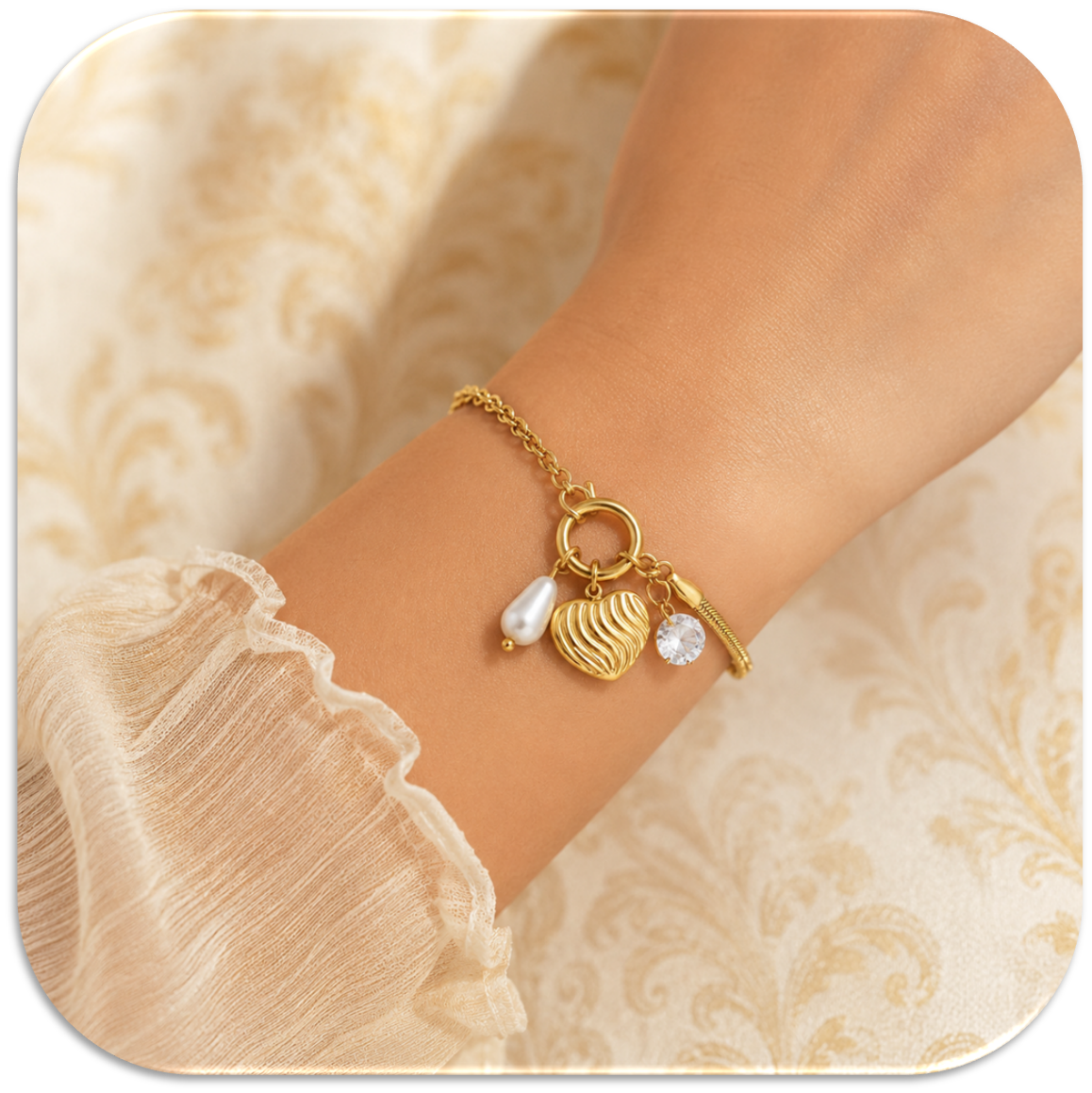 Women's Gold-Plated Bracelet with Mixed Chain Design, featuring Heart, Pearl, and Zirconia Charms. (LFA1211011)