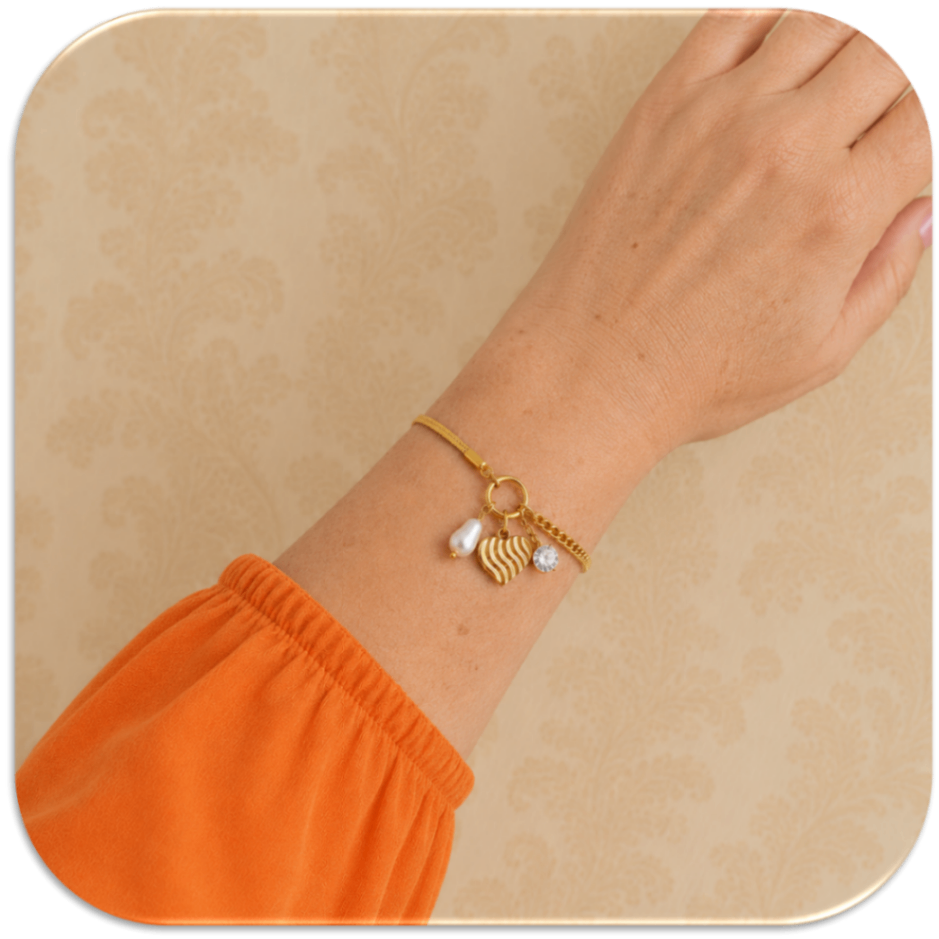 Women's Gold-Plated Bracelet with Mixed Chain Design, featuring Heart, Pearl, and Zirconia Charms. (LFA1211011)