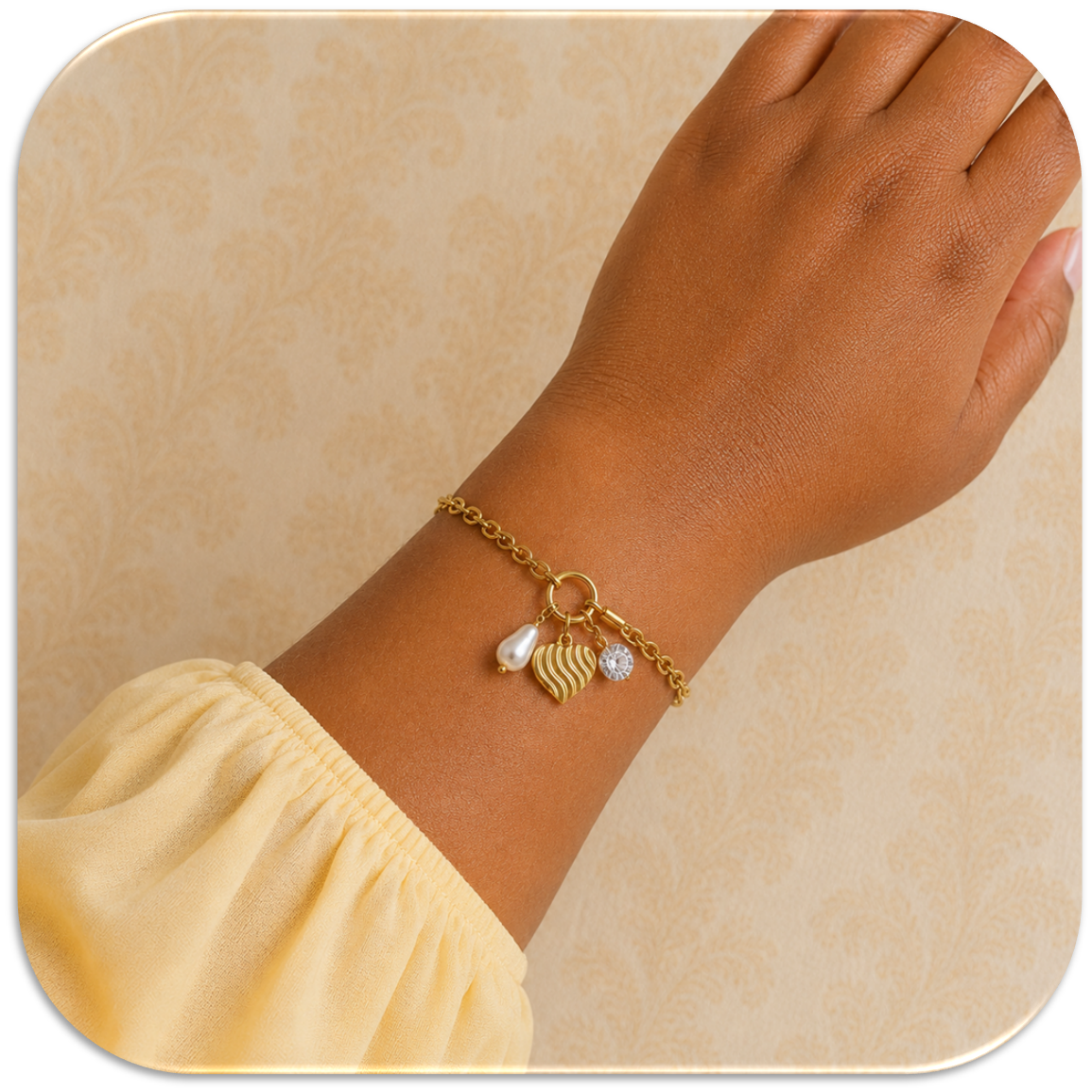 Women's Gold-Plated Bracelet with Mixed Chain Design, featuring Heart, Pearl, and Zirconia Charms. (LFA1211011)