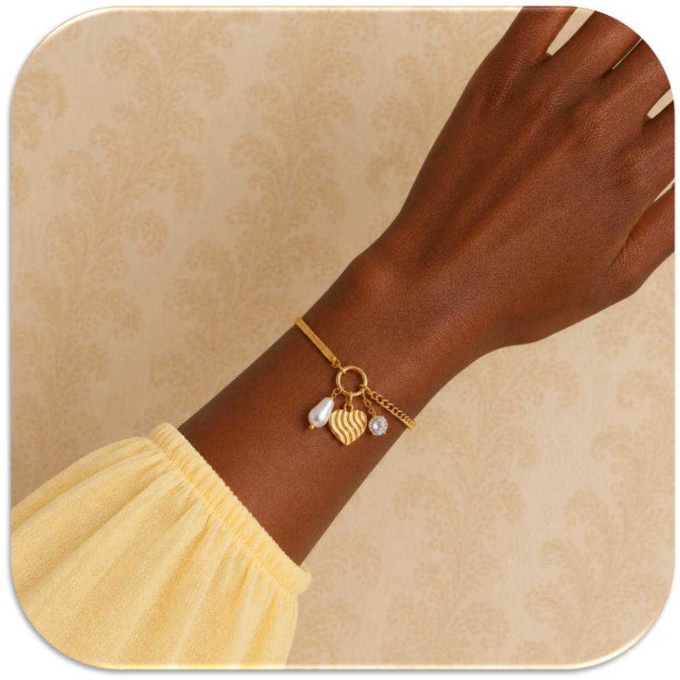 Women's Gold-Plated Bracelet with Mixed Chain Design, featuring Heart, Pearl, and Zirconia Charms. (LFA1211011)