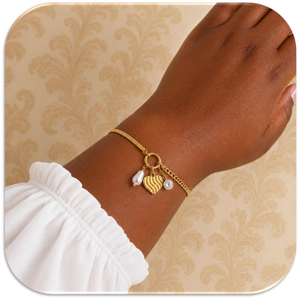 Women's Gold-Plated Bracelet with Mixed Chain Design, featuring Heart, Pearl, and Zirconia Charms. (LFA1211011)