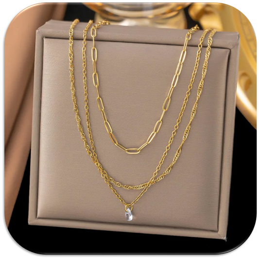 Women's Necklace with Three-Layer Gold Chain and Pendant Drill (LFA1111007)