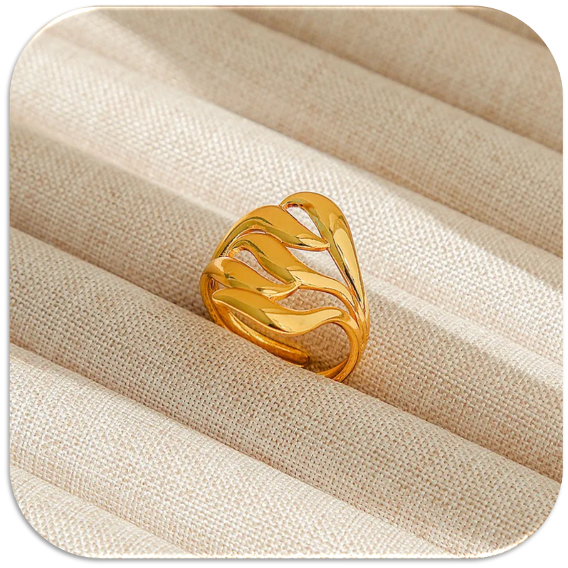 Women's Stainless Steel 18K Gold-Plated Open Ring with Leaf Pattern. (LFA1311013)
