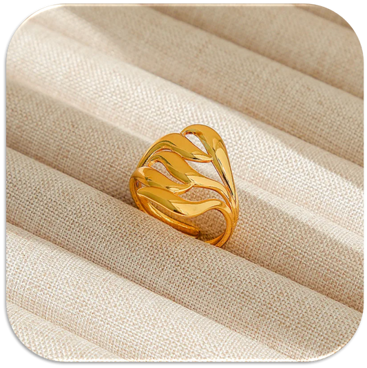 Women's Stainless Steel 18K Gold-Plated Open Ring with Leaf Pattern. (LFA1311013)