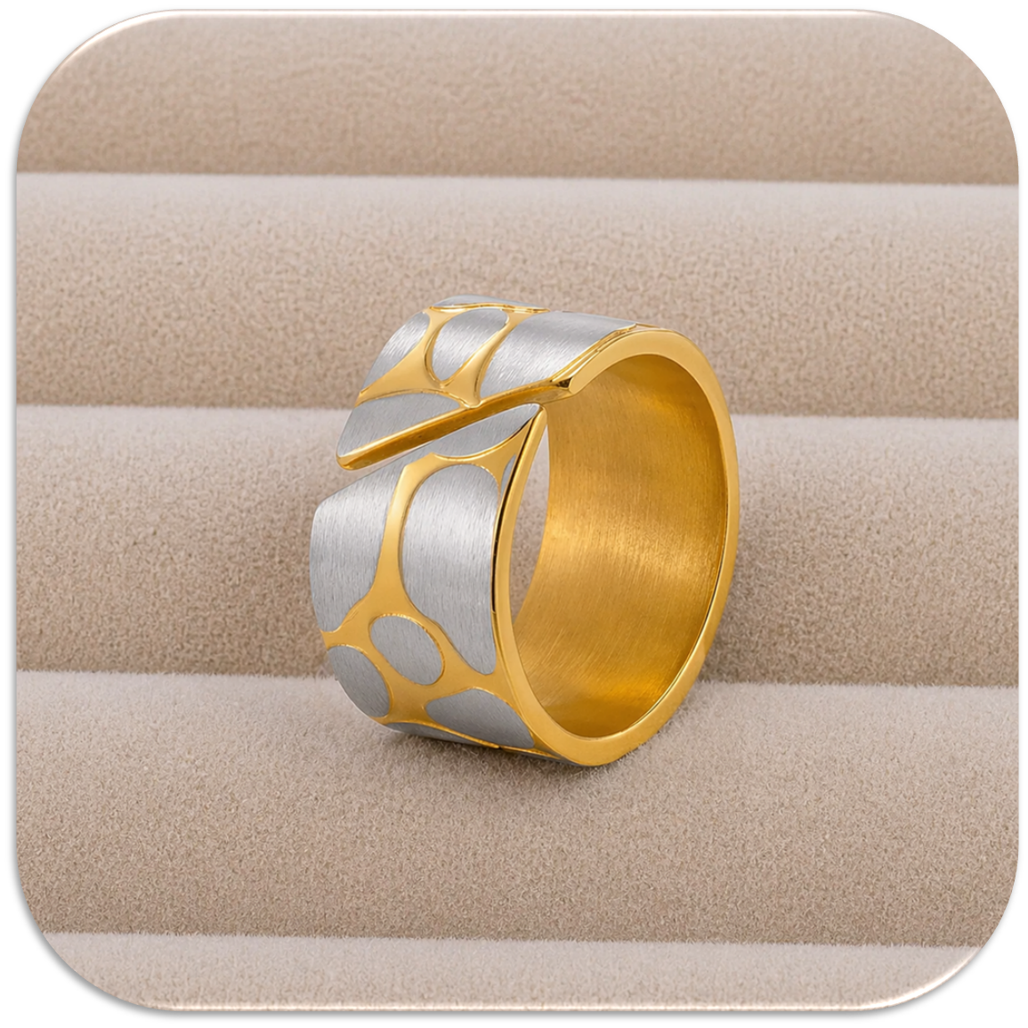 Women's Gold-Silver Stainless Steel Ring with Geometric Pattern & Asymmetrical Slant Open. (LFA1313011)