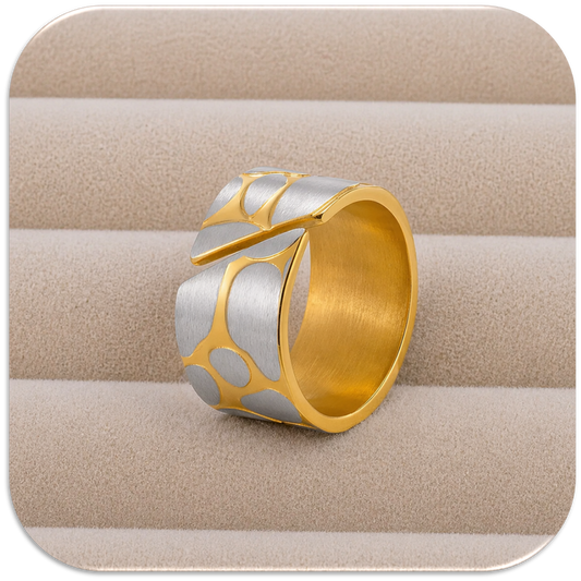 Women's Gold-Silver Stainless Steel Ring with Geometric Pattern & Asymmetrical Slant Open. (LFA1313011)