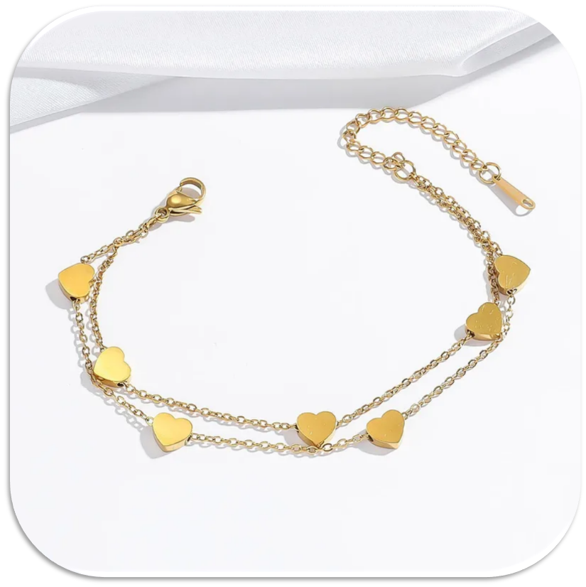 Women's Gold Double-Layer Bracelet with Heart Charms. Adjustable. (LFA1211016)