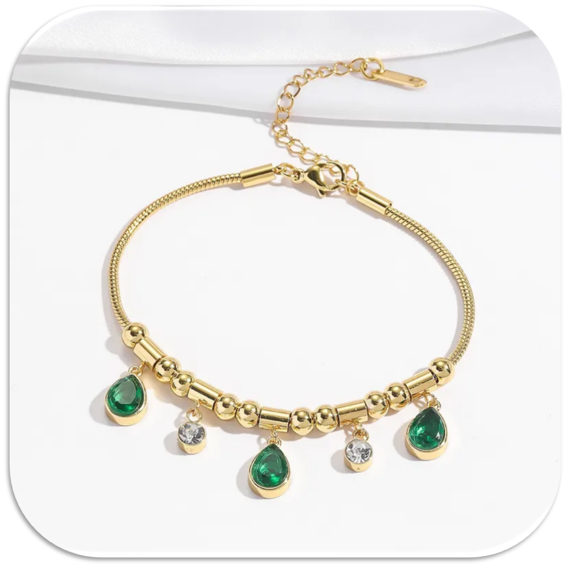 Women's Gold Snake Chain Bracelet with Beads & Green Teardrop Pendants (LFA1211008)