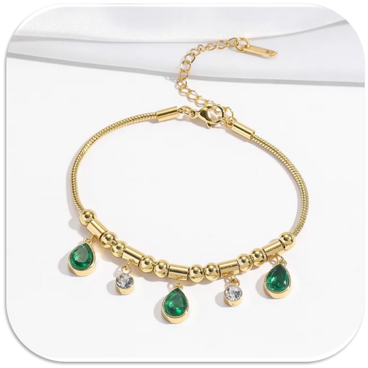 Women's Gold Snake Chain Bracelet with Beads & Green Teardrop Pendants (LFA1211008)