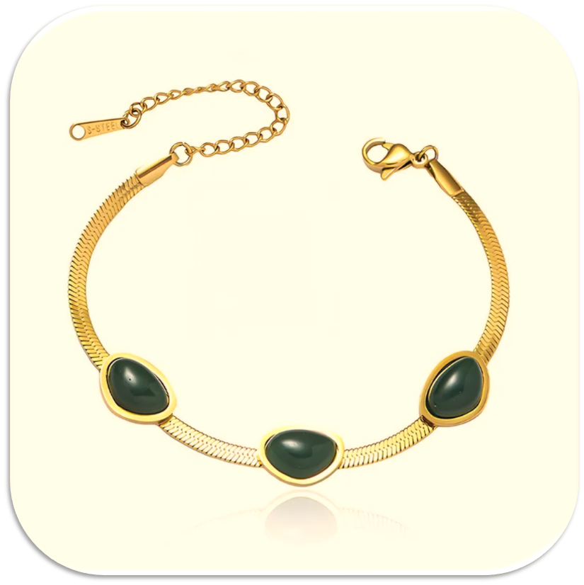 Women's Gold-Plated Snake Chain Bracelet with Green Teardrop Stones and Adjustable Clasp. (LFA1211012)