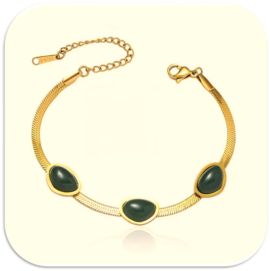 Women's Gold-Plated Snake Chain Bracelet with Green Teardrop Stones and Adjustable Clasp. (LFA1211012)