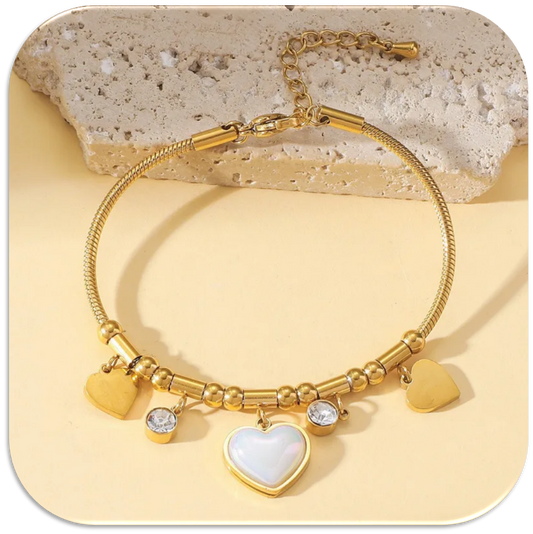 Women's Gold Snake Chain Bracelet with Heart Charms & Cubic Zirconia Accents. Adjustable. (LFA1211013)