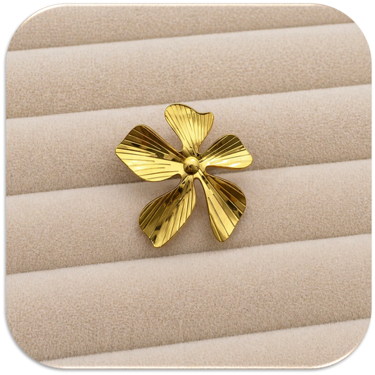 Women's Gold Stainless Steel Adjustable Opening Ring with Flower Pattern. (LFA1311017)