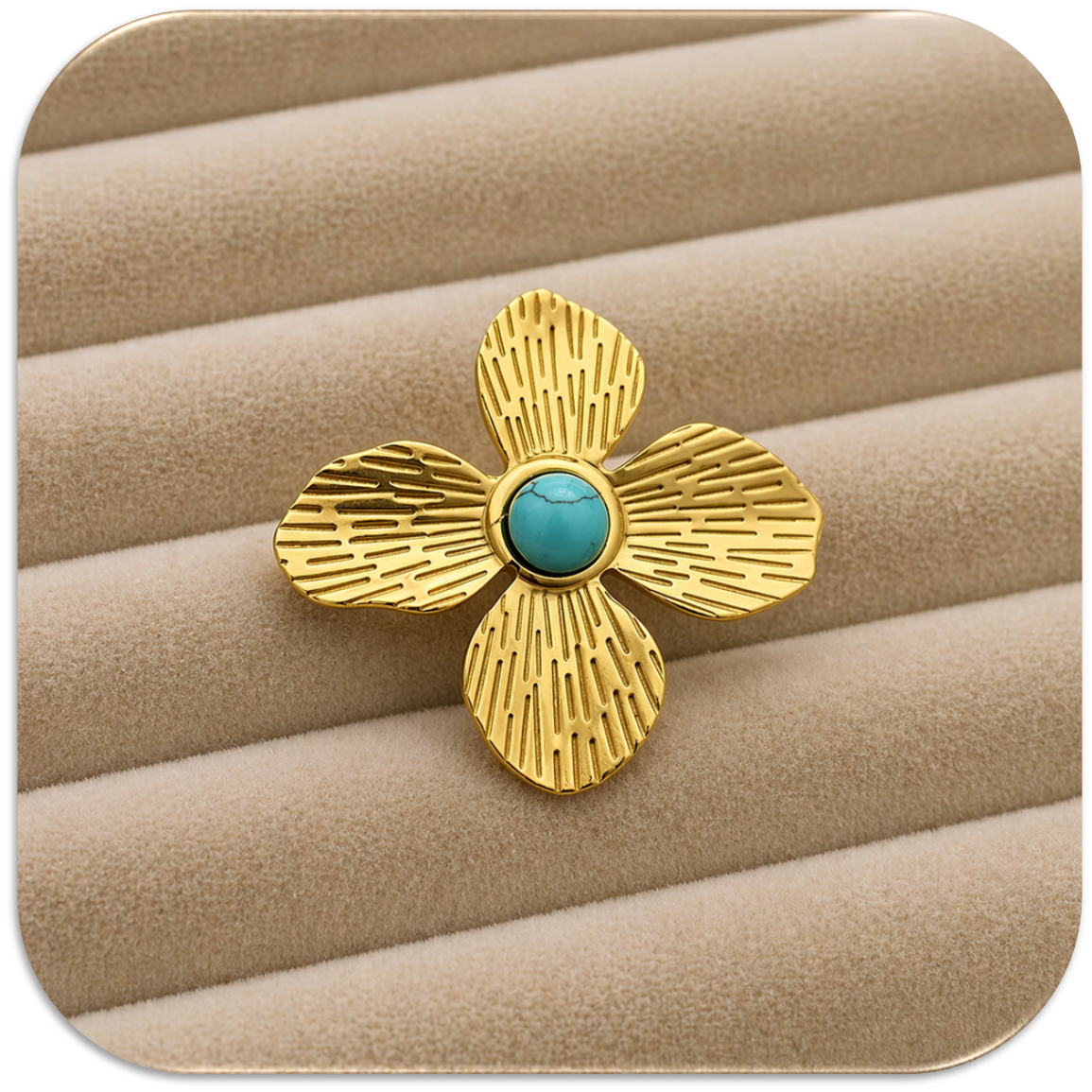 Women's Gold Stainless Steel Adjustable Opening Ring with Flower Pattern & Turquoise-Style Stone. (LFA1311019)