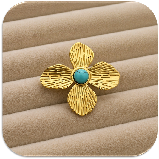 Women's Gold Stainless Steel Adjustable Opening Ring with Flower Pattern & Turquoise-Style Stone. (LFA1311019)