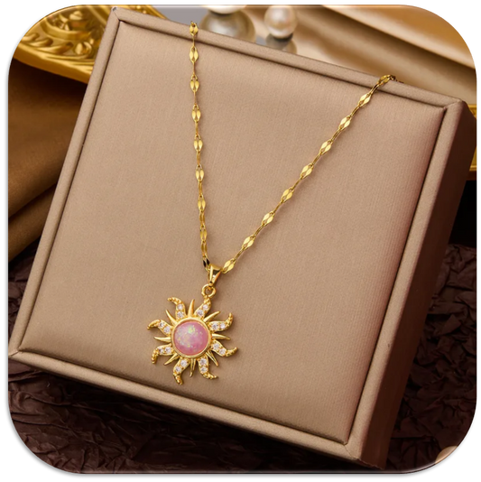 Women's Necklace with a Gold Sun Pendant featuring an Inlaid Pink Riverstone (LFA1111013)