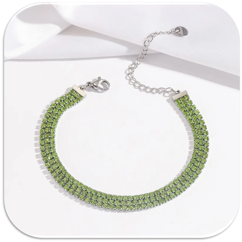 Women's Silver Bracelet with Multi-Row Green Crystals, Bold, Sparkling, & Adjustable. (LFA1212015)