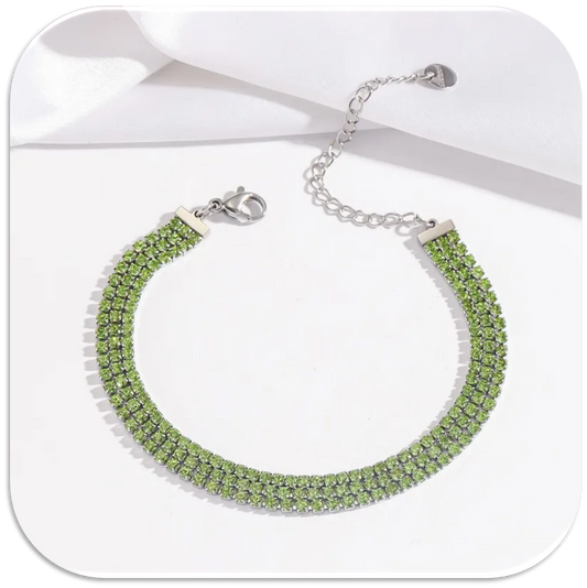 Women's Silver Bracelet with Multi-Row Green Crystals, Bold, Sparkling, & Adjustable. (LFA1212015)