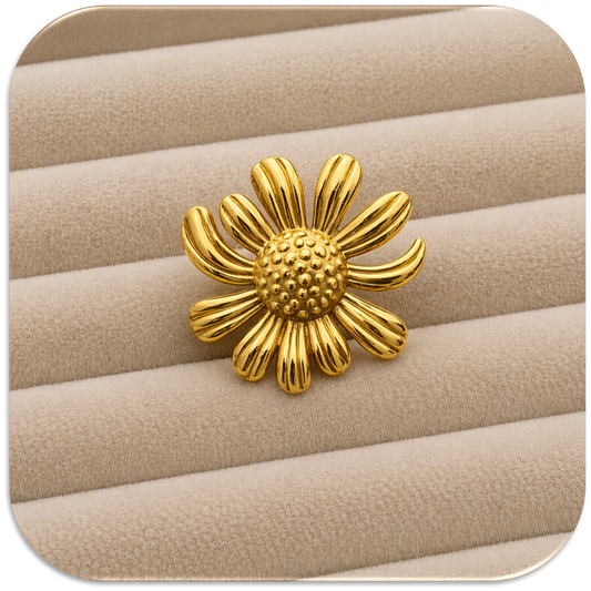 Women's Gold Stainless Steel Adjustable Opening Ring with Sun Flower Pattern. (LFA1311018)