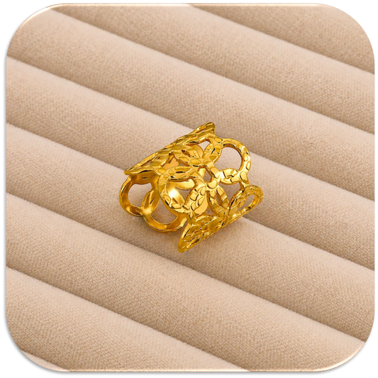 Women's Stainless Steel, 18K Gold Plated Open Ring with Intricate Hollow Floral Pattern, Adjustable & Lightweight. (LFA1311016)