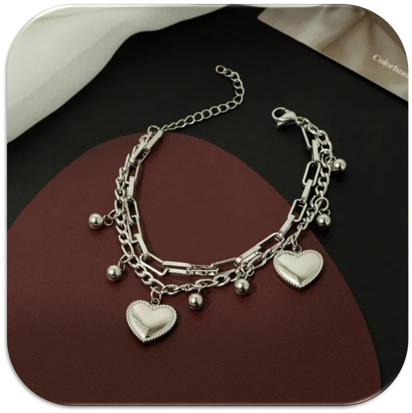 Women's Steel Color Bracelet Double-Layer with Heart-Shaped & Beads Pendants (LFA1214003)