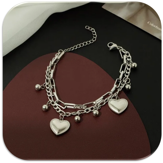 Women's Steel Color Bracelet Double-Layer with Heart-Shaped & Beads Pendants (LFA1214003)